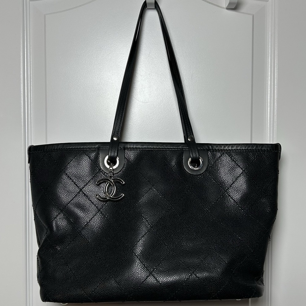 Chanel Black Caviar Leather On The Road CC Charm Luxury Investment Tote Bag